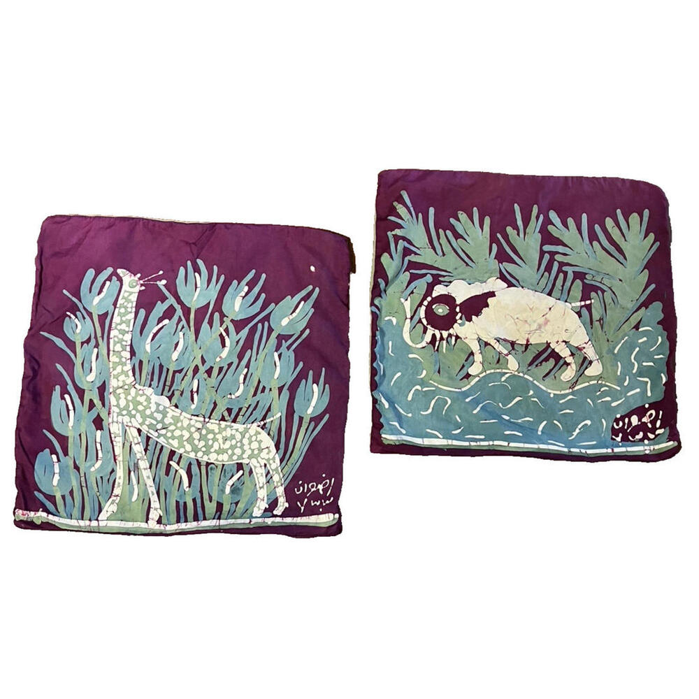 Handcrafted Set African Batik Pillow Shams Elephant & Giraffe 16" x 16" zippers